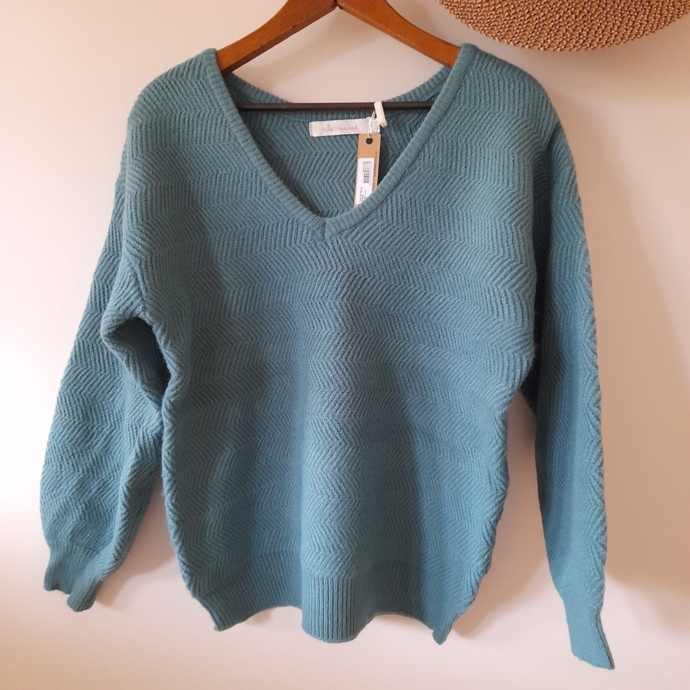 Cosy Teal Knit V-Neck Winter Sweater Jumper NWT - Picture 11 of 14